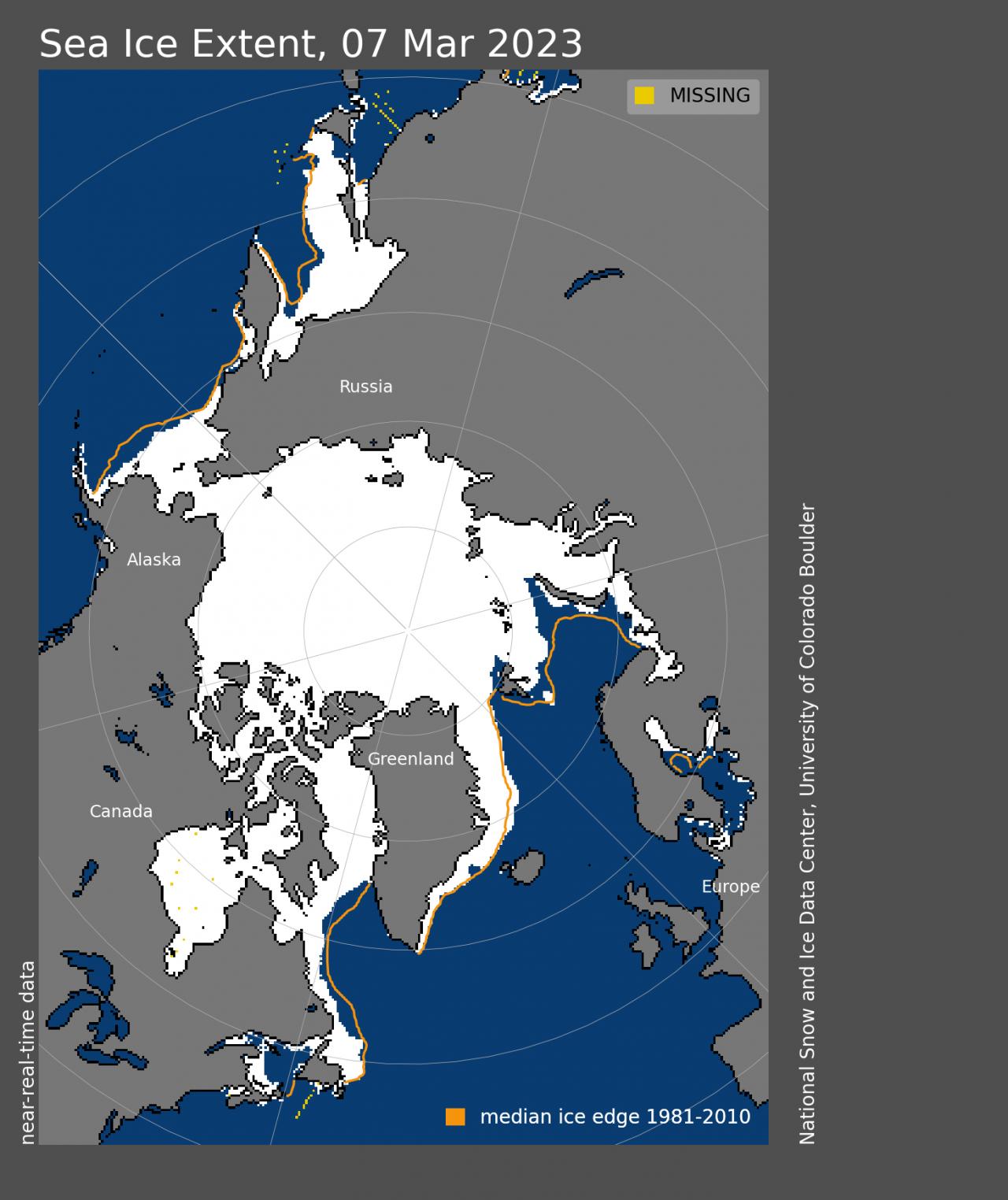 L'estensione dei ghiacci artici al 7 marzo scorso. In arancione il tracciato dell'estensione media trentennale 1981-2010, da cui si evincono diversi ammanchi di ghiaccio. Fonte NSIDC