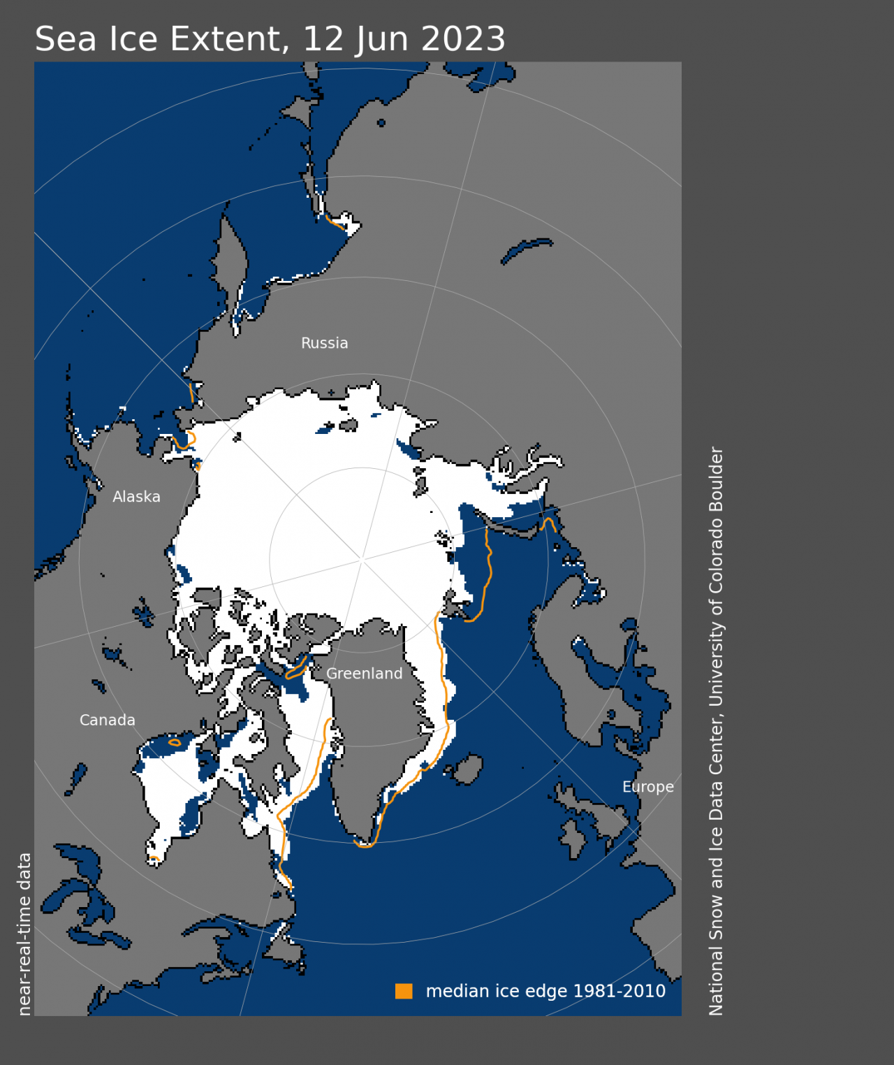 L'estensione dei ghiacci artici confrontata con la media (linea arancione). Fonte NSIDC)