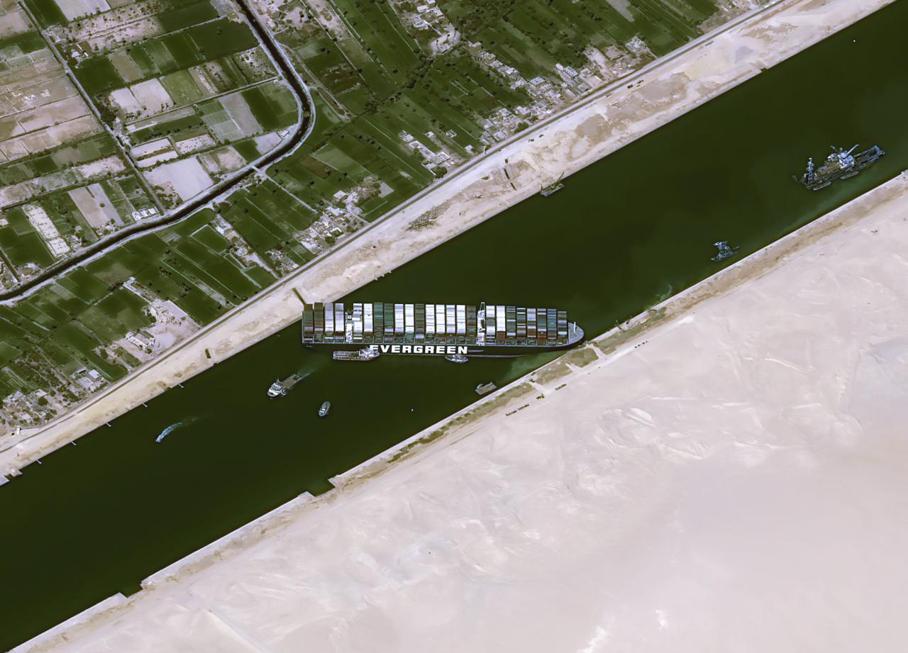 La Ever Green intraversata nel Canale di Suez (Fonte: AirbusSpace via Twitter)