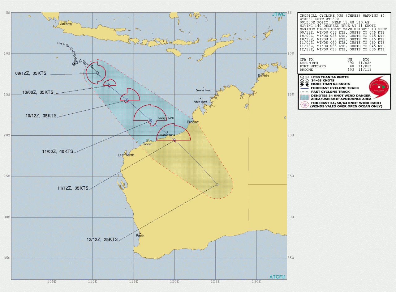 La rotta prevista del ciclone tropicale 03S