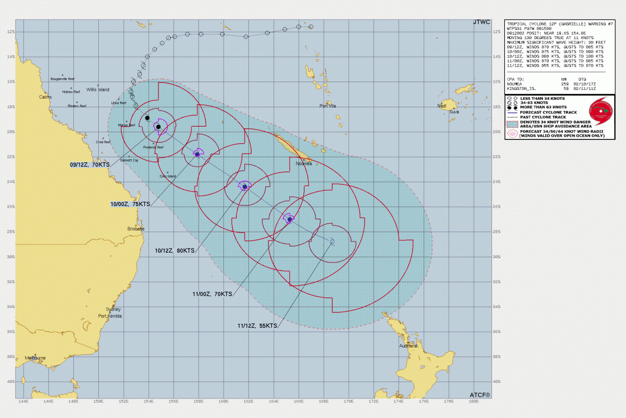La rotta prevista del ciclone tropicale Gabrielle