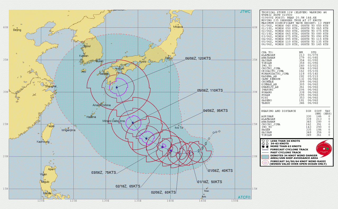 La rotta prevista del nuovo tifone in formazione sul Pacifico