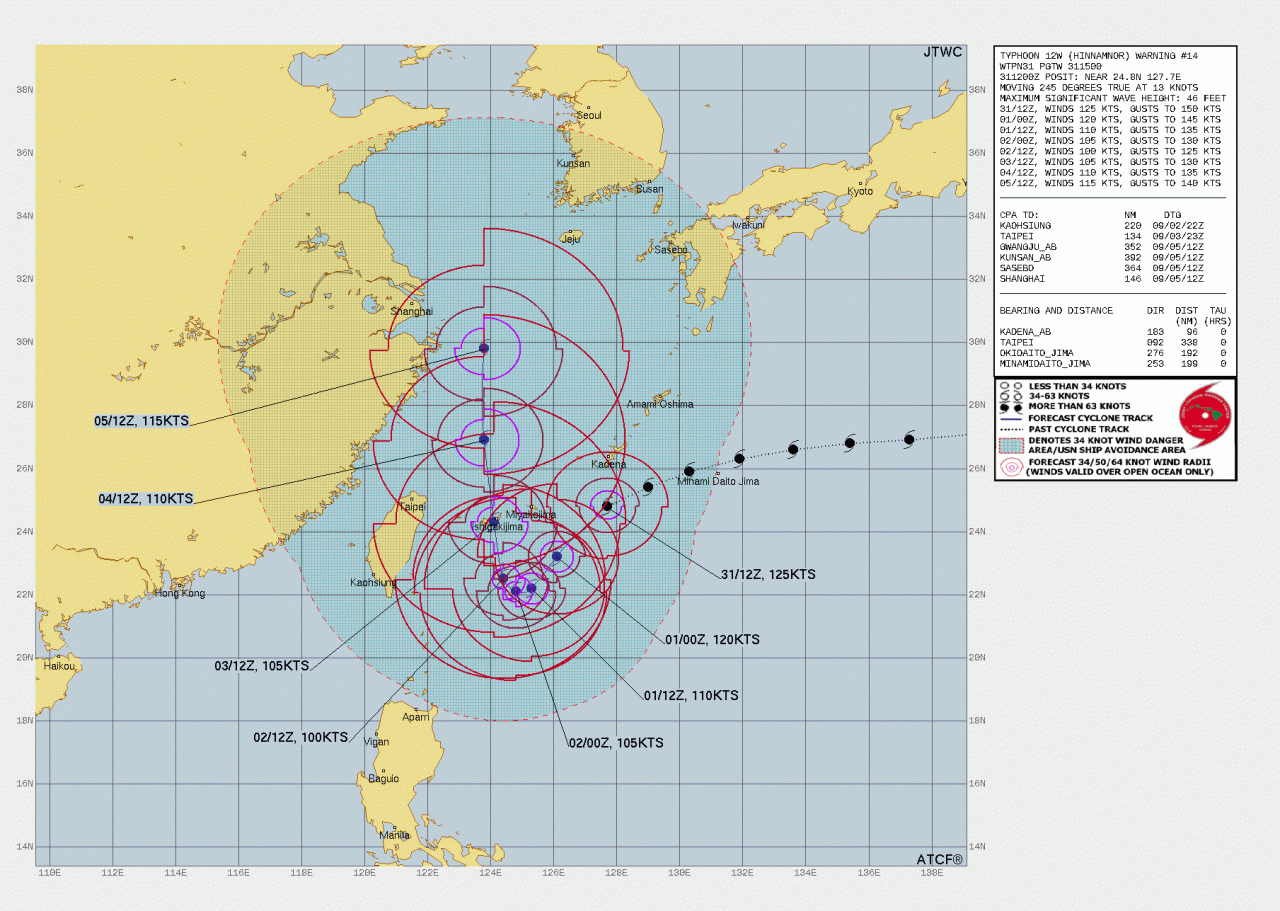 La rotta prevista del super tifone Hinnamnor