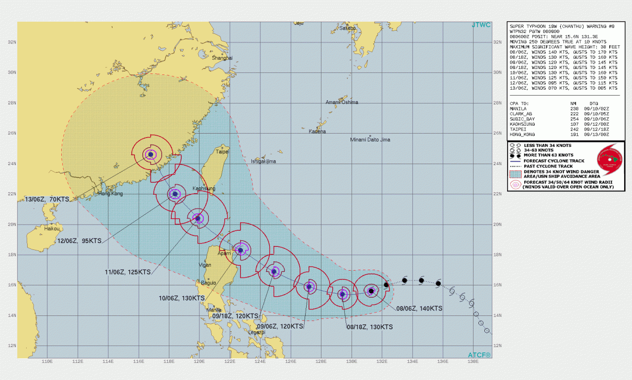 La rotta prevista del tifone Chanthu (Fonte: Joint Typhoon Warning Center)