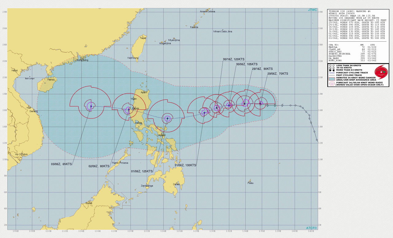 La rotta prevista del tifone Goni