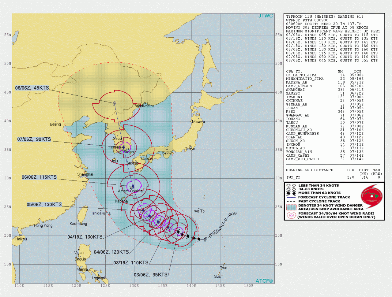 La rotta prevista del tifone Haisen