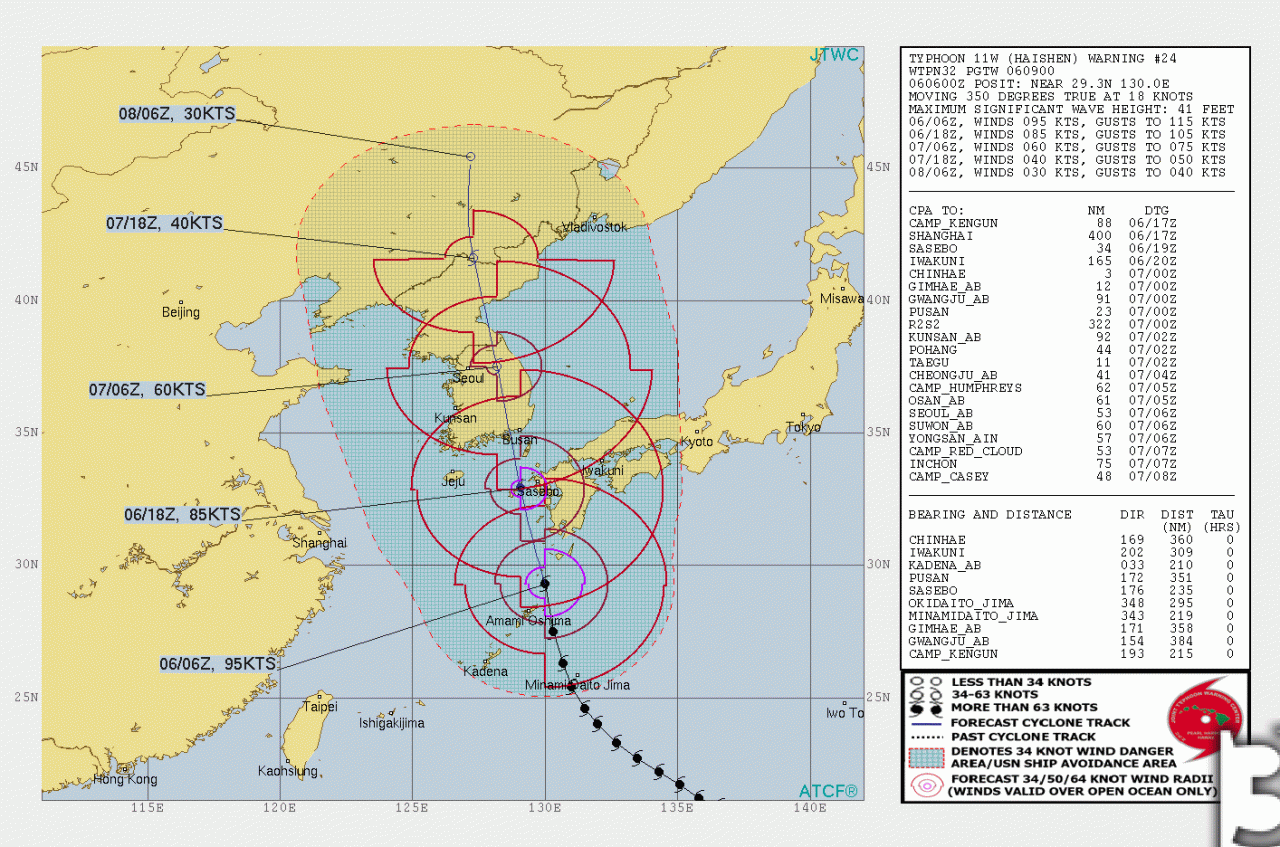 La rotta prevista del tifone Haishen