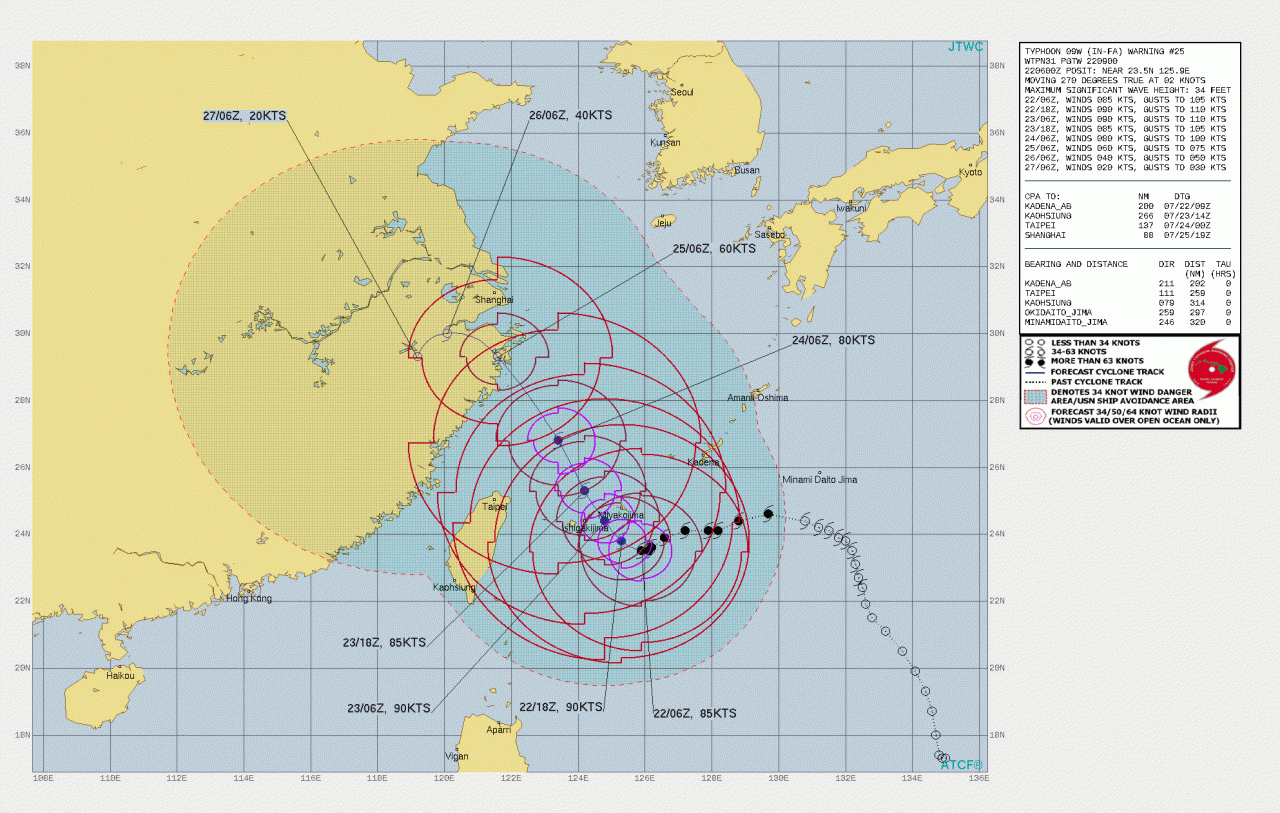 La rotta prevista del tifone In-Fa
