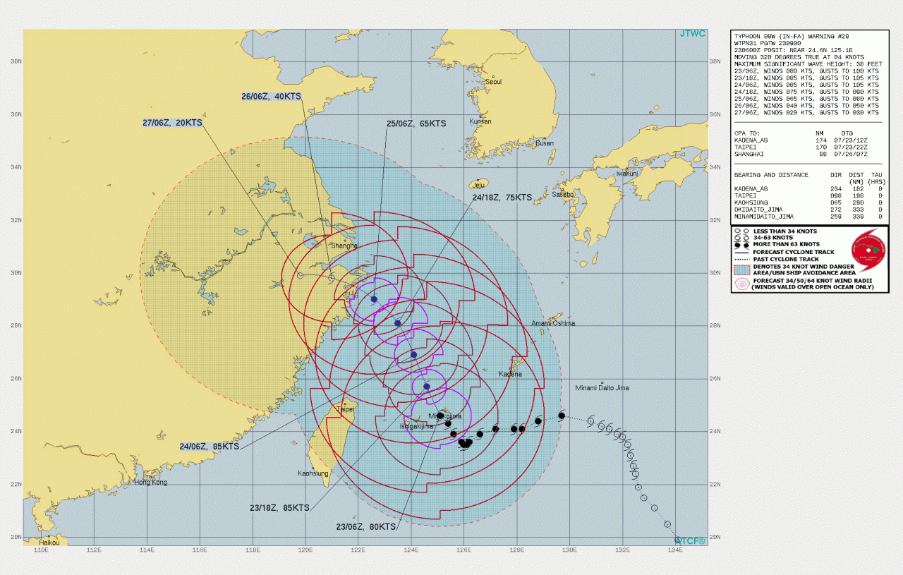 La rotta prevista del tifone In-Fa