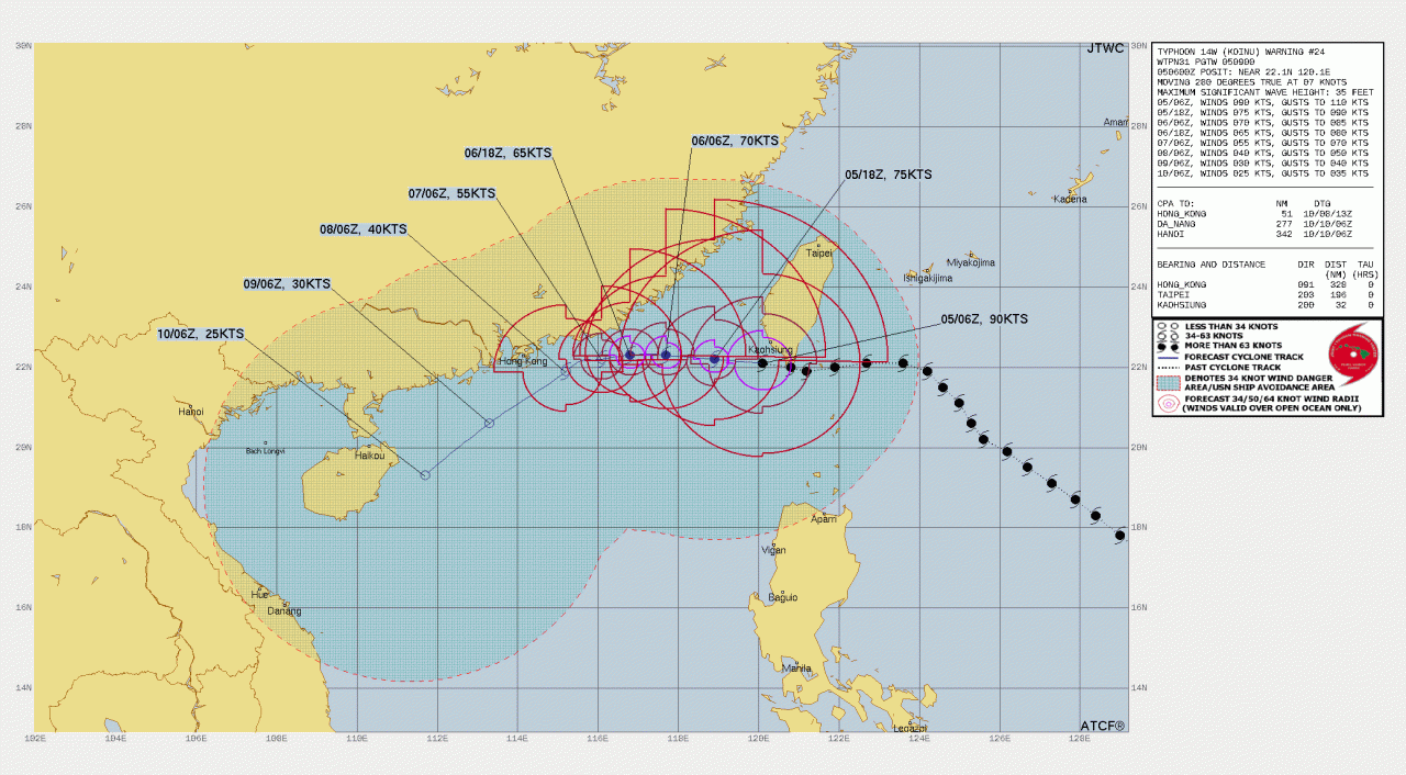 La rotta prevista del tifone Koinu