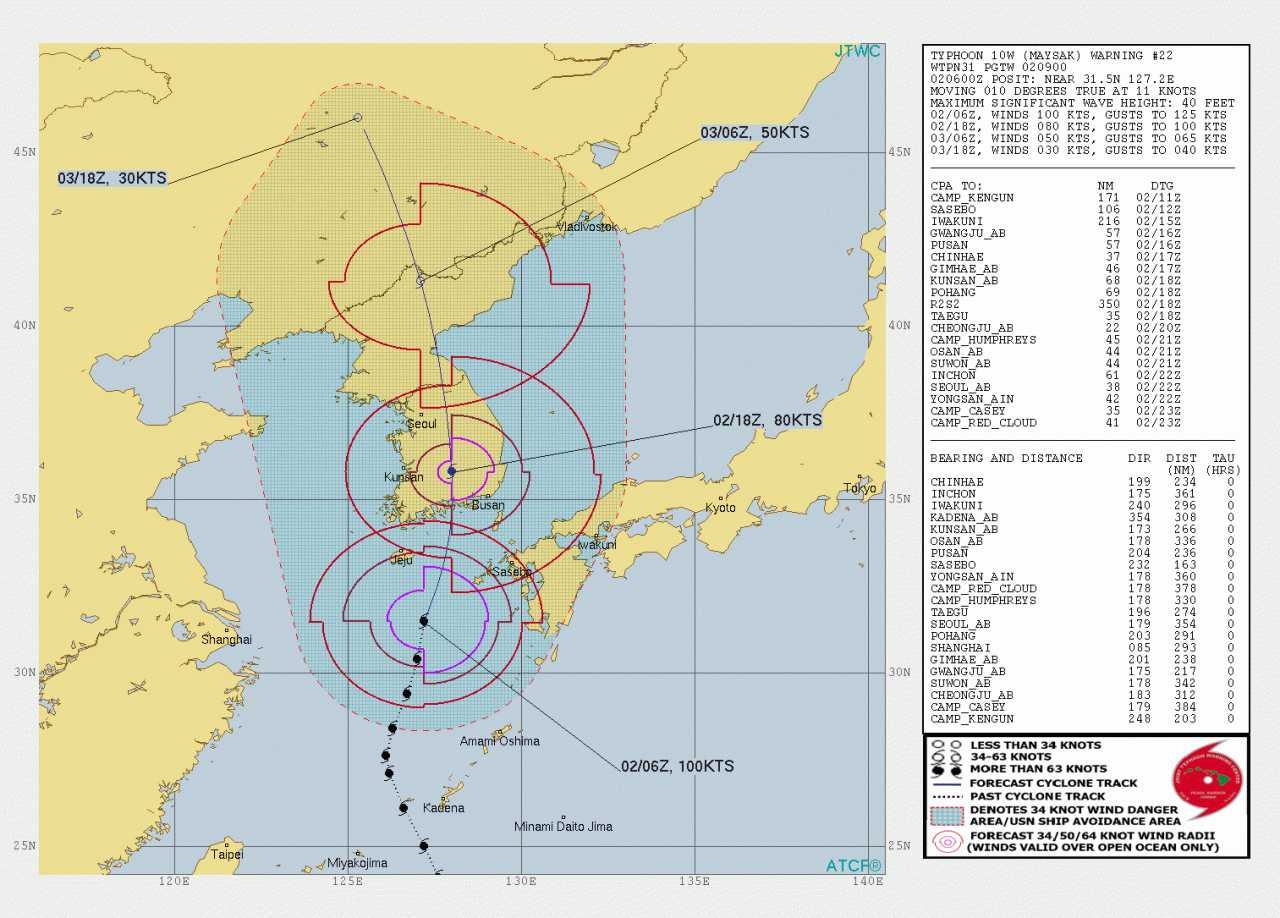 La rotta prevista del tifone Maysak