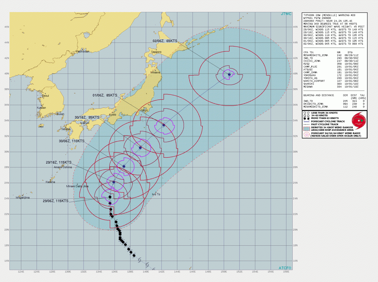 La rotta prevista del tifone Mindulle