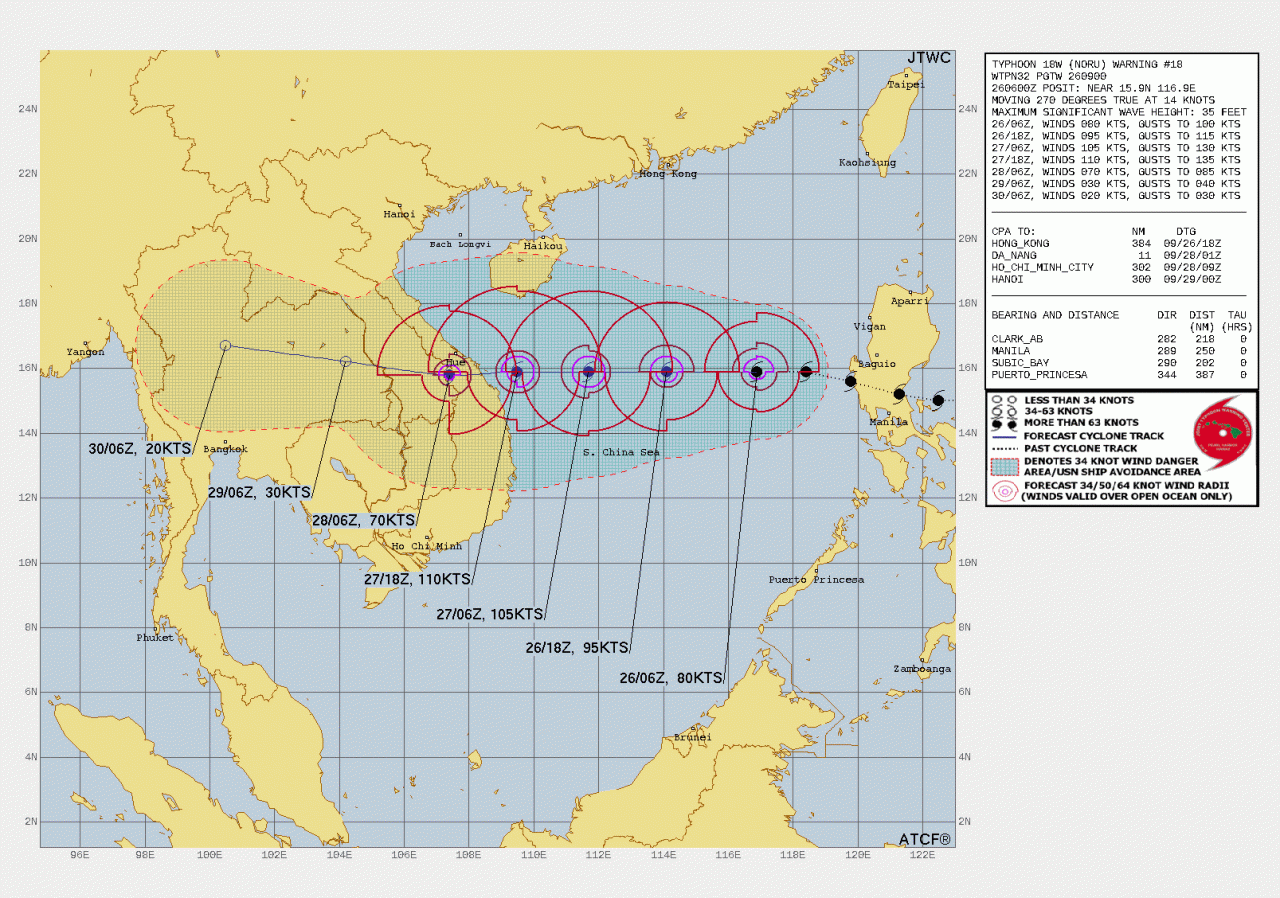 La rotta prevista del tifone Noru