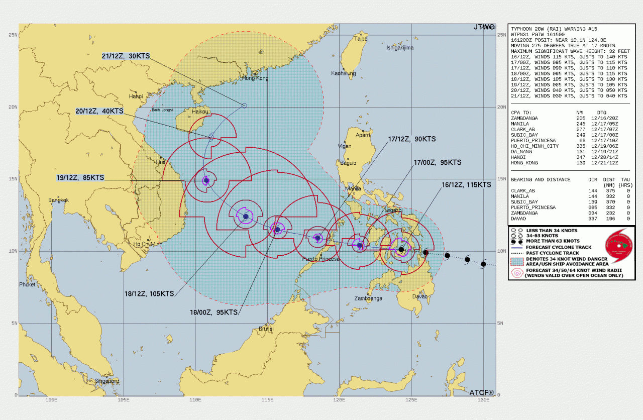 La rotta prevista del tifone Rai