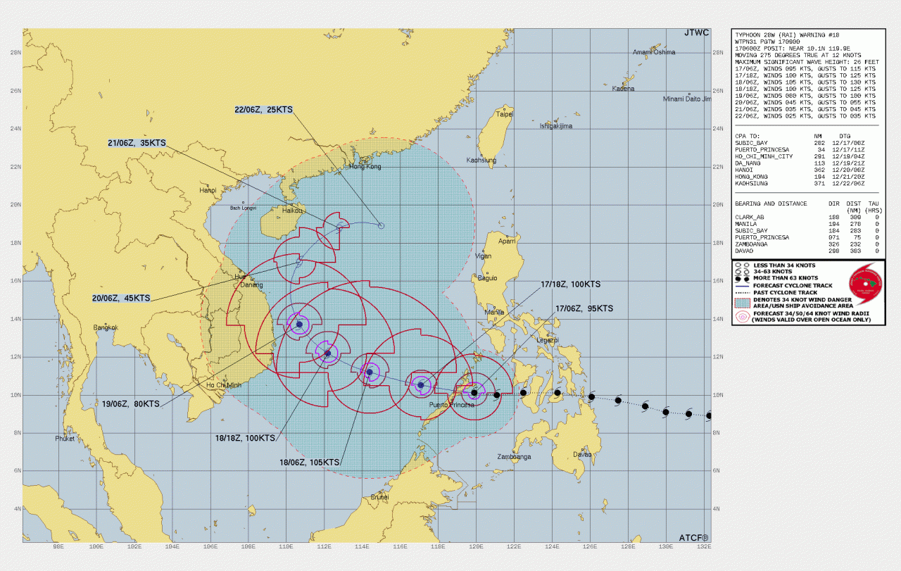 La rotta prevista del tifone Rai