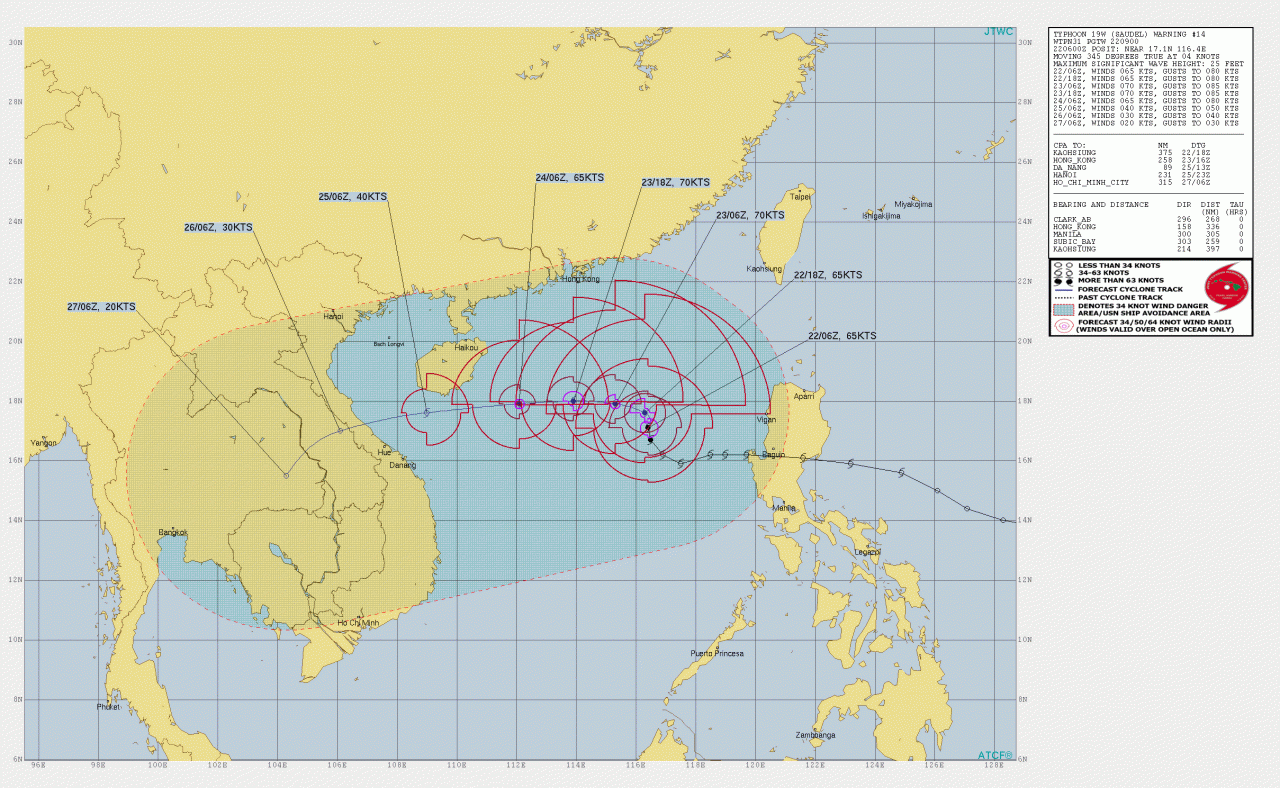 La rotta prevista del tifone Saudel