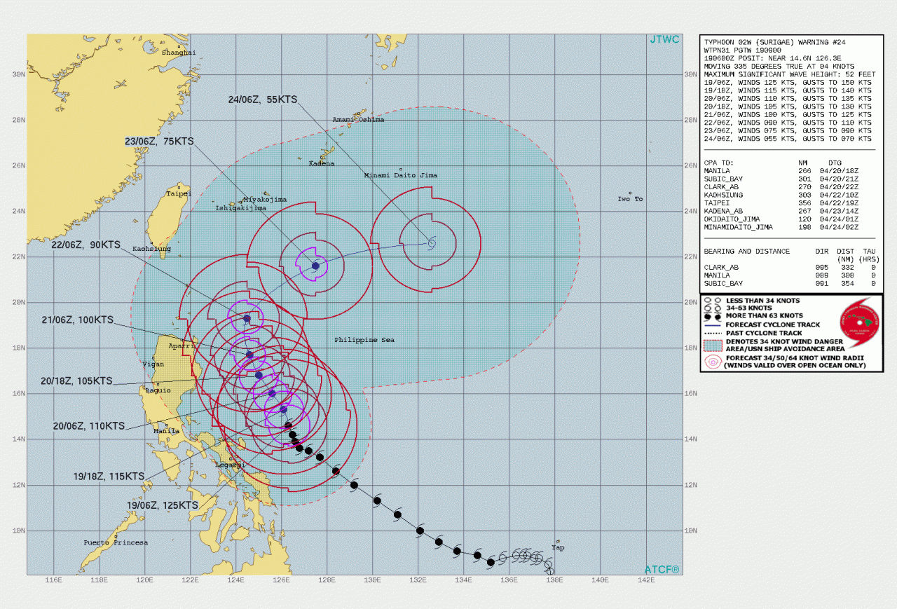 La rotta prevista del tifone Surigae