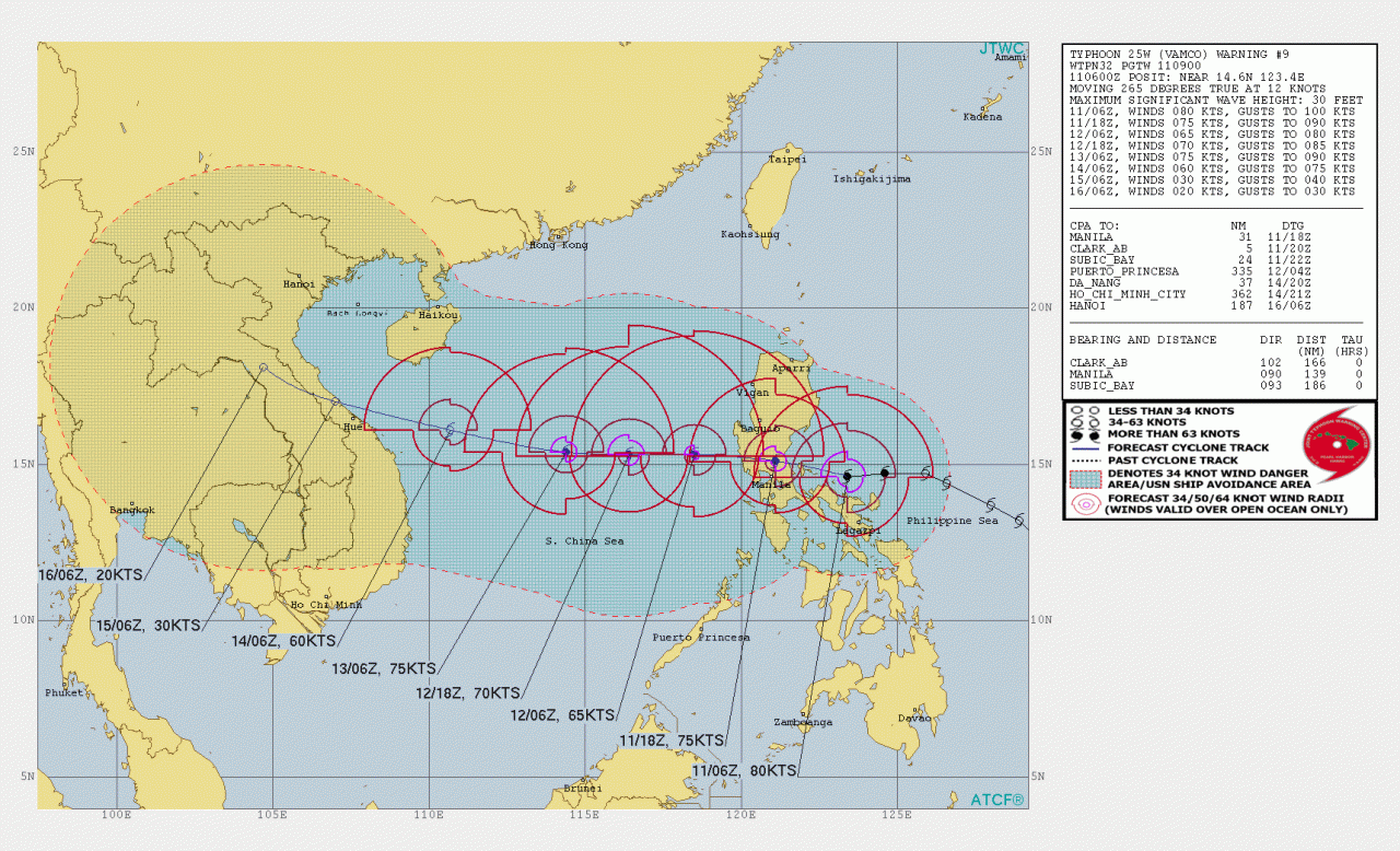 La rotta prevista del tifone Vamco