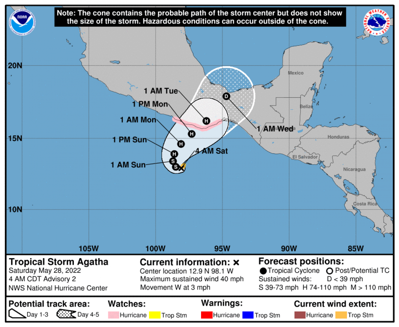 La rotta prevista dell'uragano Agatha (Fonte: National Hurricane Center)