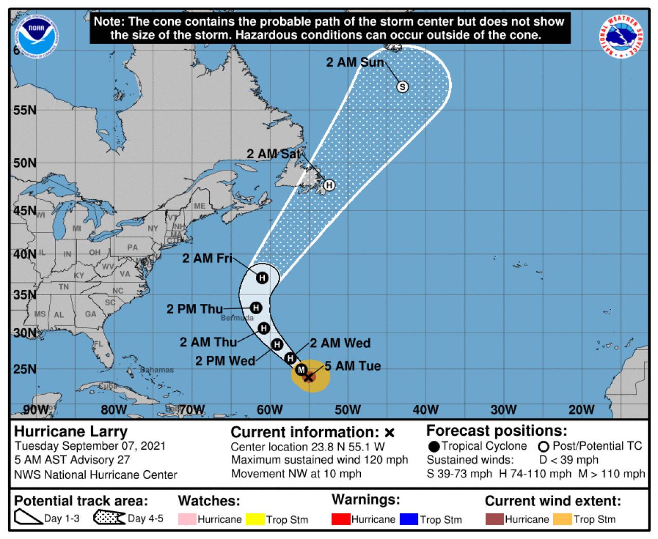 La rotta prevista dell'uragano Larry (Fonte: National Hurricane Center)