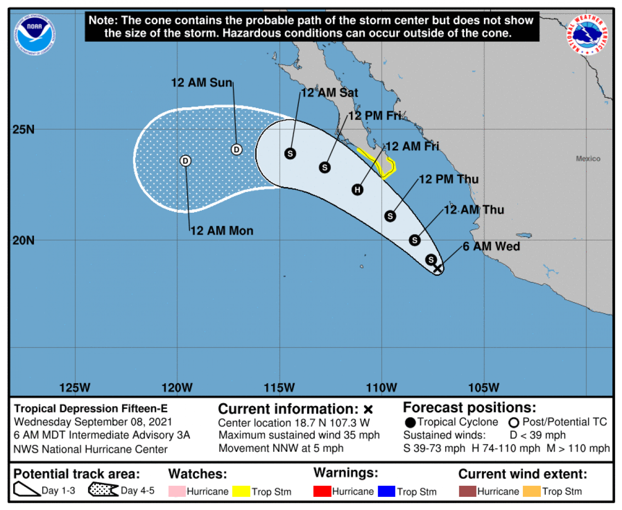La rotta prevista della depressione tropicale sul Pacifico, destinata a diventare uragano (Fonte: National Hurricane Center)