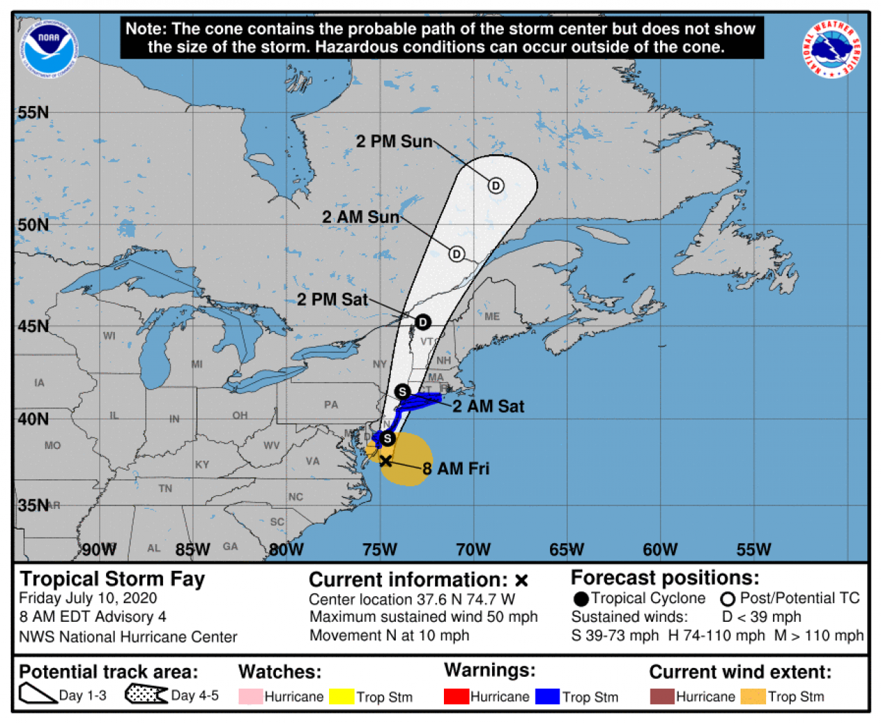 La rotta prevista della tempesta Fay (Fonte: National Hurricane Center)