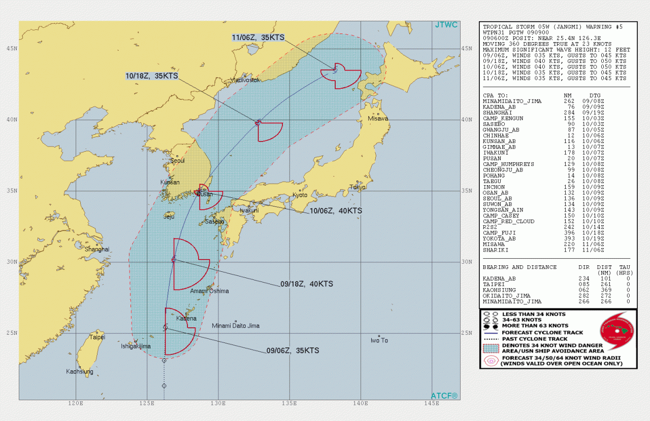 La rotta prevista della tempesta Jangmi (Fonte: Joint Typhoon Warning Center)