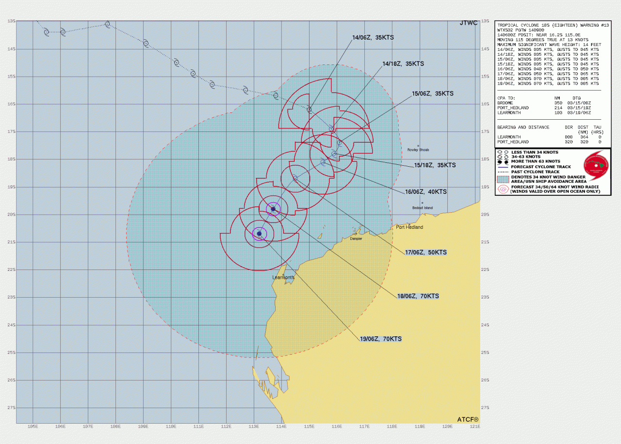 La rotta prevista della tempesta tropicale al largo della Western Australia