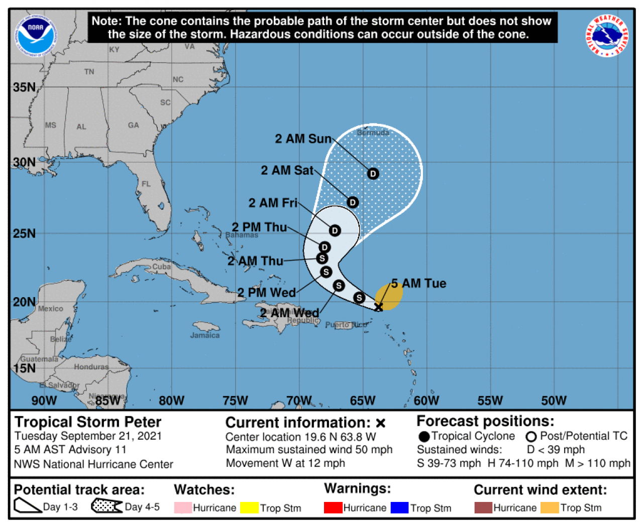 La rotta prevista della tempesta tropicale Peter secondo il NHC
