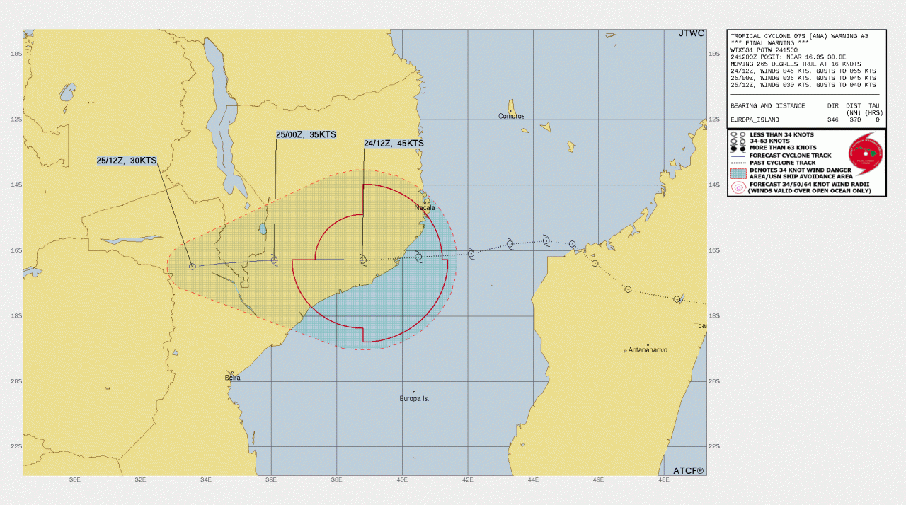 La rotta prevista di Ana (Fonte: JTWC)