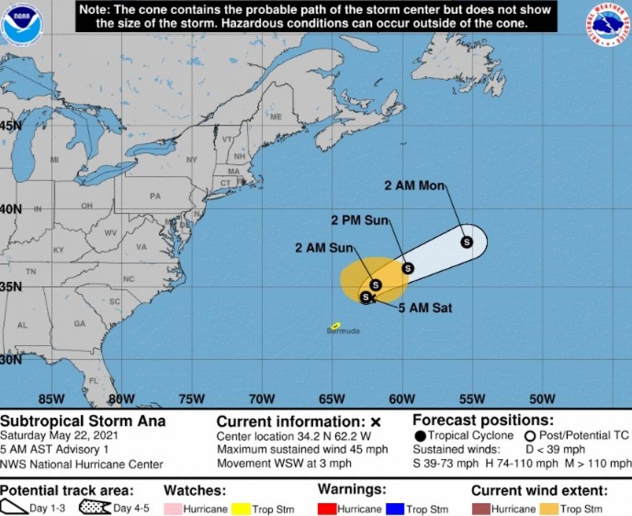 La rotta prevista di Ana (Fonte: National Hurricane Center)