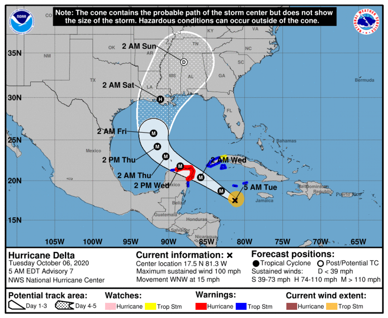 La rotta prevista di Delata (Fonte: National Hurricane Center)