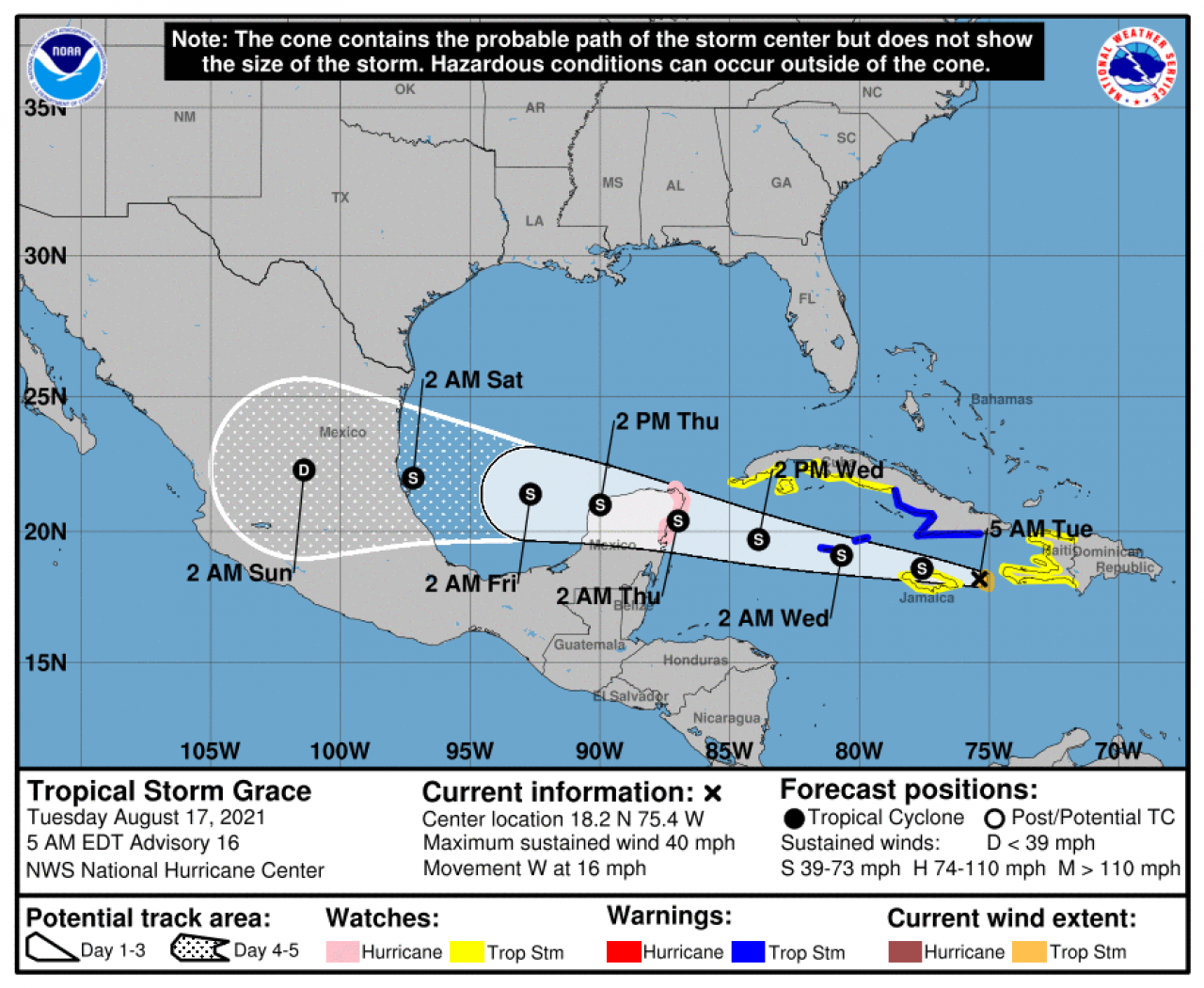 La rotta prevista di Grace (Fonte: National Hurricane Center)