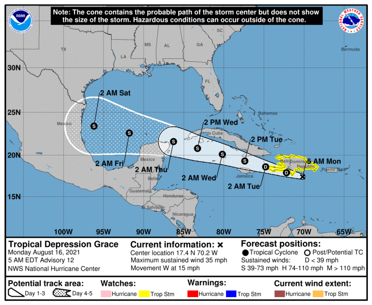 La rotta prevista di Grace secondo il National Hurricane Center