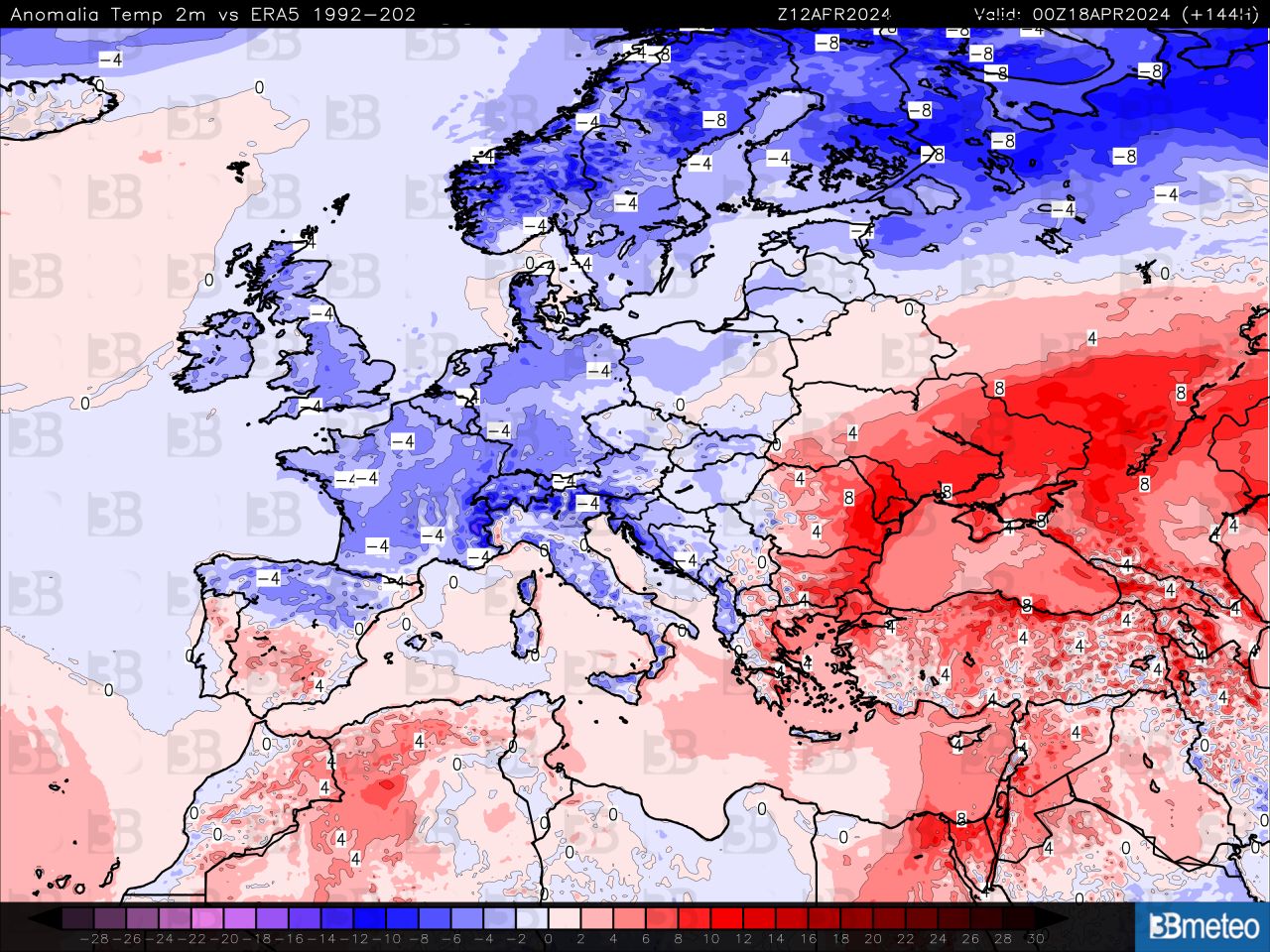La tendenza intorno alla metà della prossima settimana: temperature diffusamente sotto la media su gran parte d'Europa ma anche sull'Italia