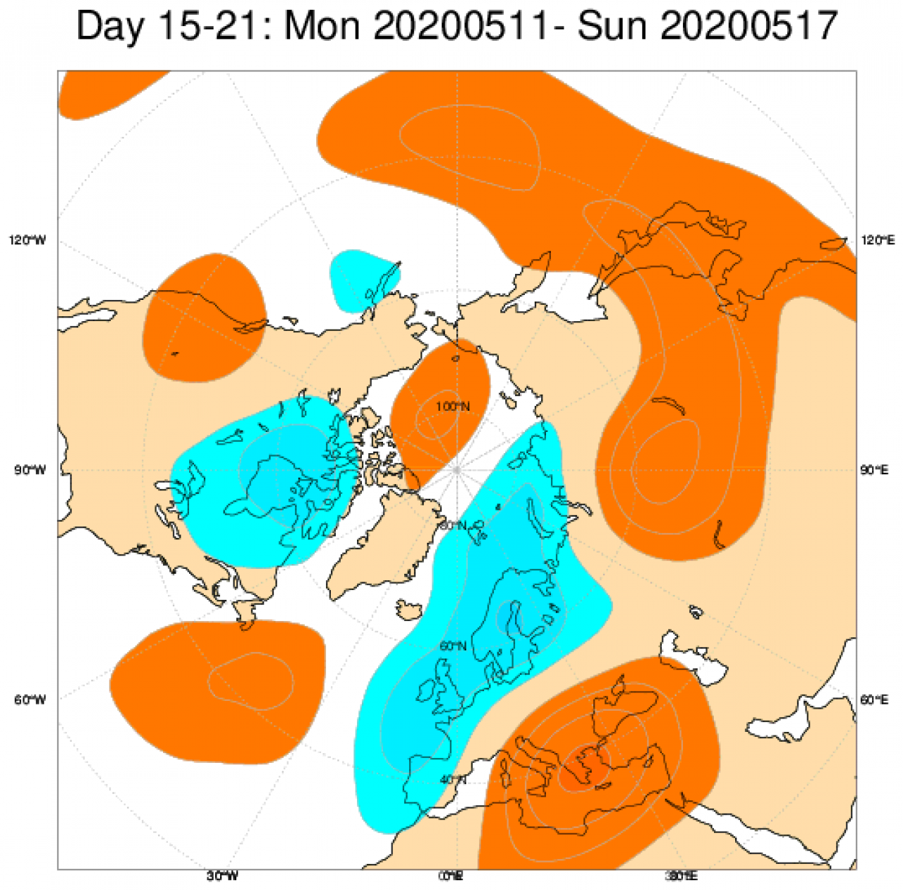 Le anomalie di geopotenziale a 500 mediate sul periodo 11-17 maggio, secondo il modello ECMWF