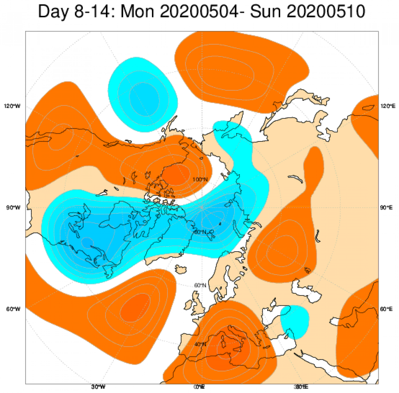 Le anomalie di geopotenziale a 500 mediate sul periodo 4-10 maggio, secondo il modello ECMWF