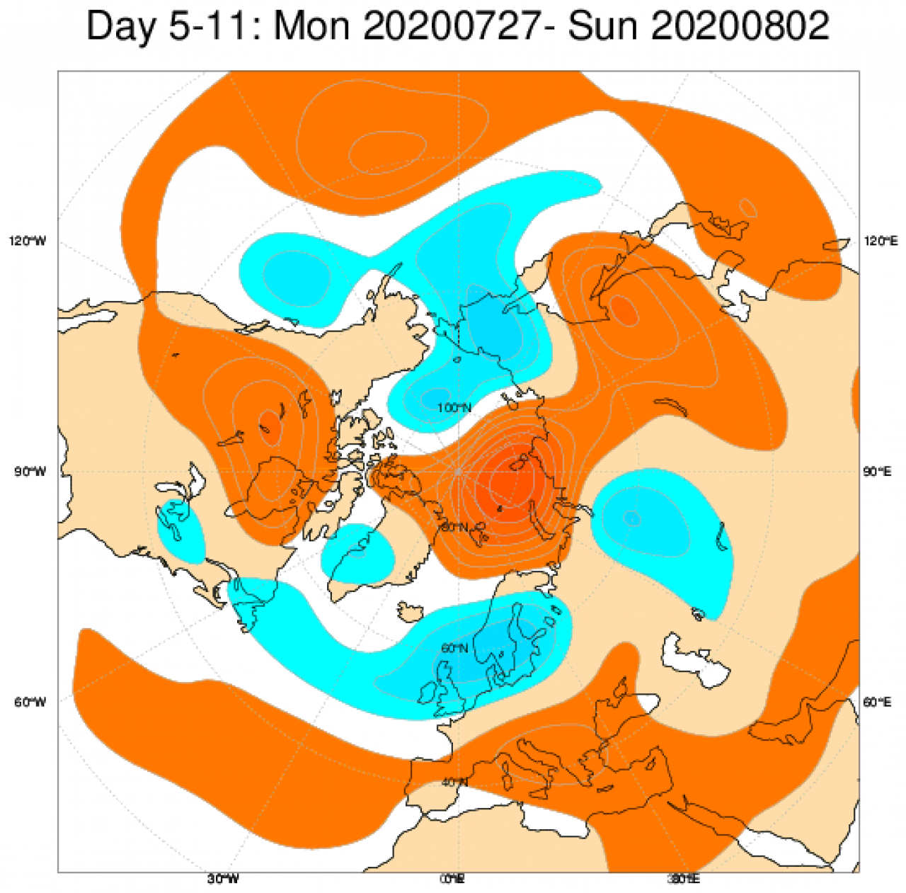 Le anomalie di geopotenziale a 500hPa da modello ECMWF mediate sul periodo 27 luglio-2 agosto