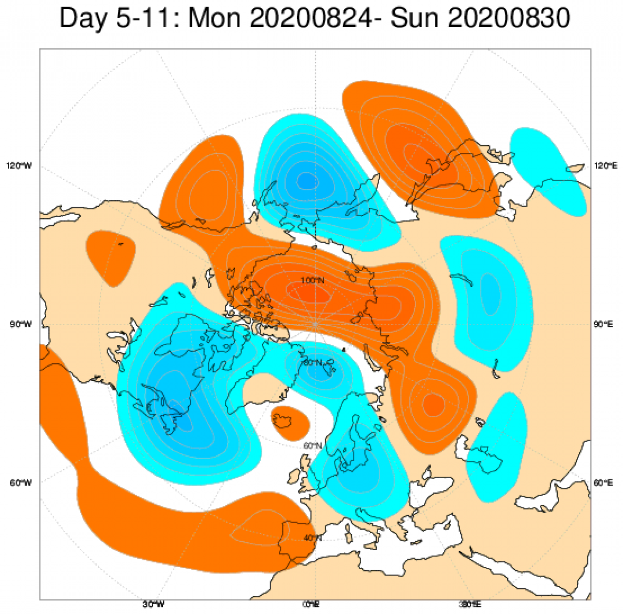 Le anomalie di geopotenziale a 500hPa (rosso positive, blu negative), secondo il modello ECMWF mediate nel periodo 24-30 agosto
