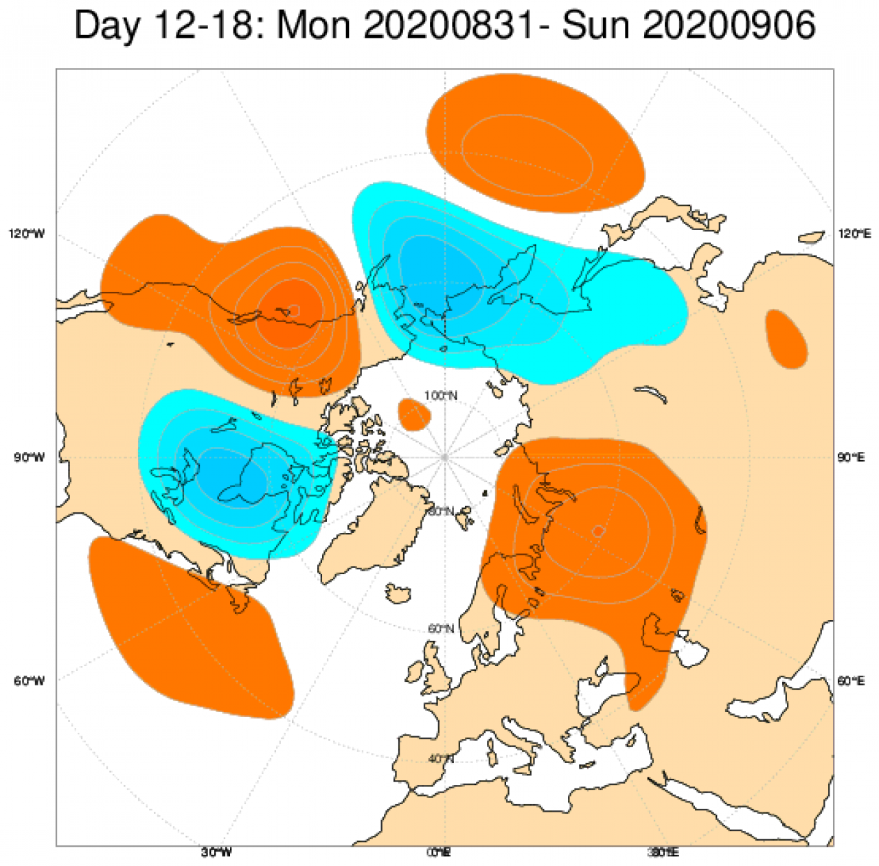 Le anomalie di geopotenziale a 500hPa (rosso positive, blu negative), secondo il modello ECMWF mediate nel periodo 31 agosto - 6 settembre