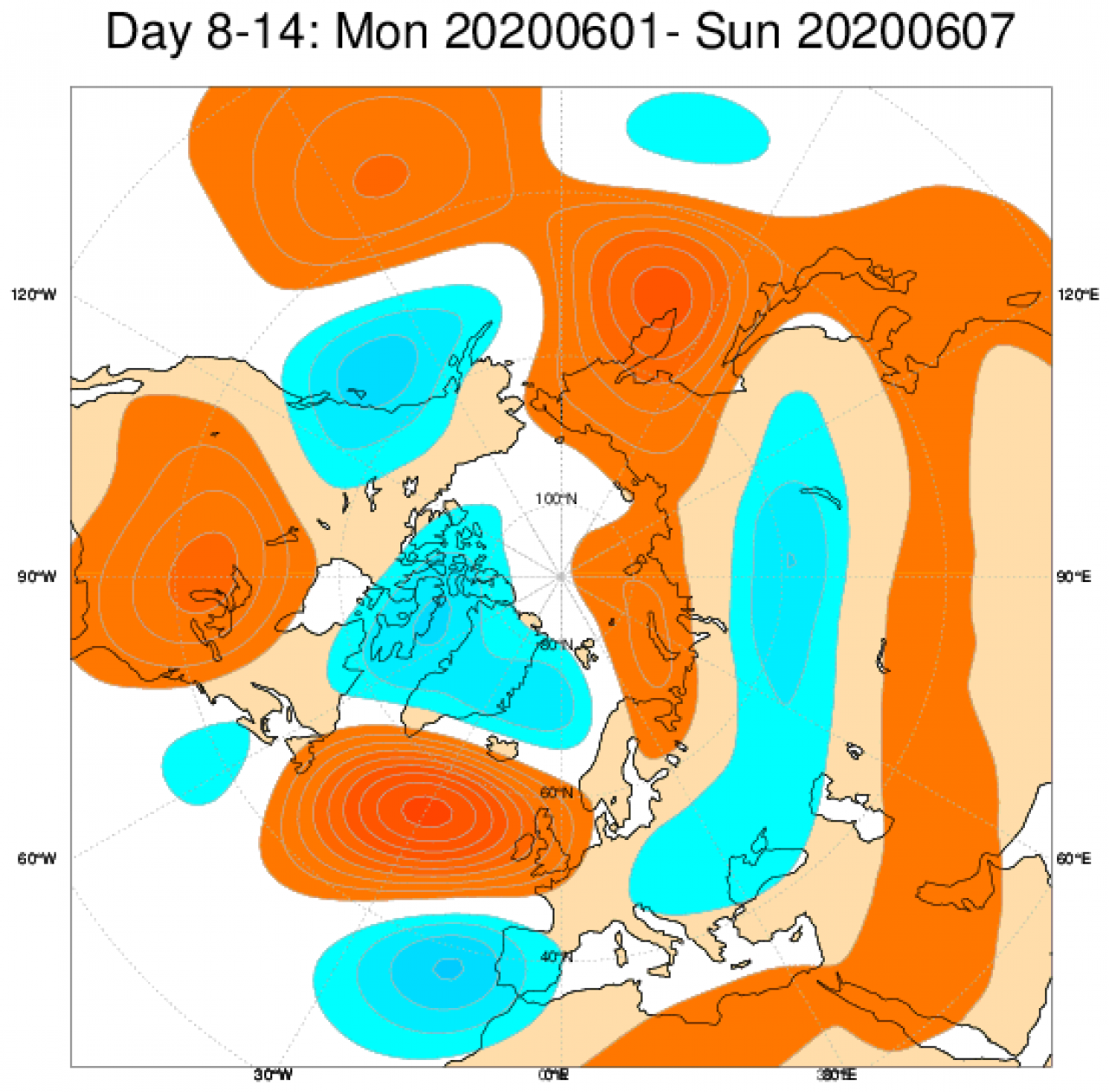 Le anomalie di geopotenziale a 500hPa secondo il modello ECMWF mediate nel periodo 1-7 giugno