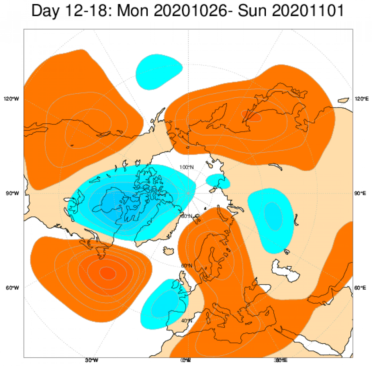  Le anomalie di geopotenziale a 500hPa secondo il modello ECMWF, mediate nel periodo 26 ottobre - 1 novembre