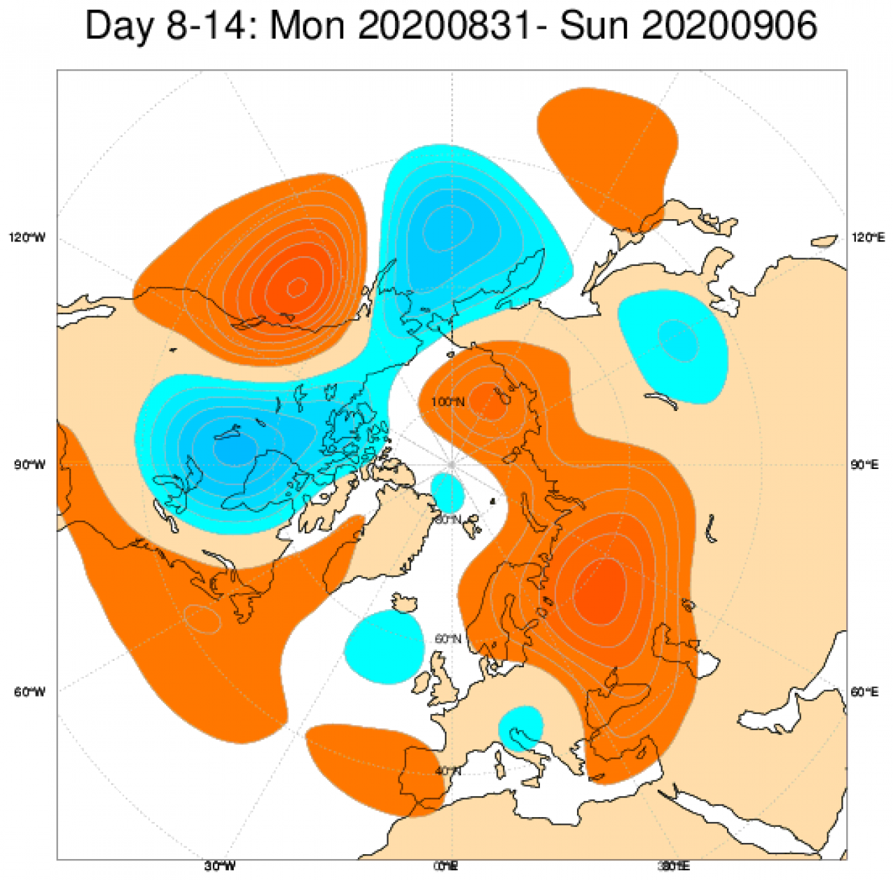 Le anomalie di geopotenziale a 500hPa secondo il modello ECMWF mediate sul periodo 31 agosto - 6 settembre