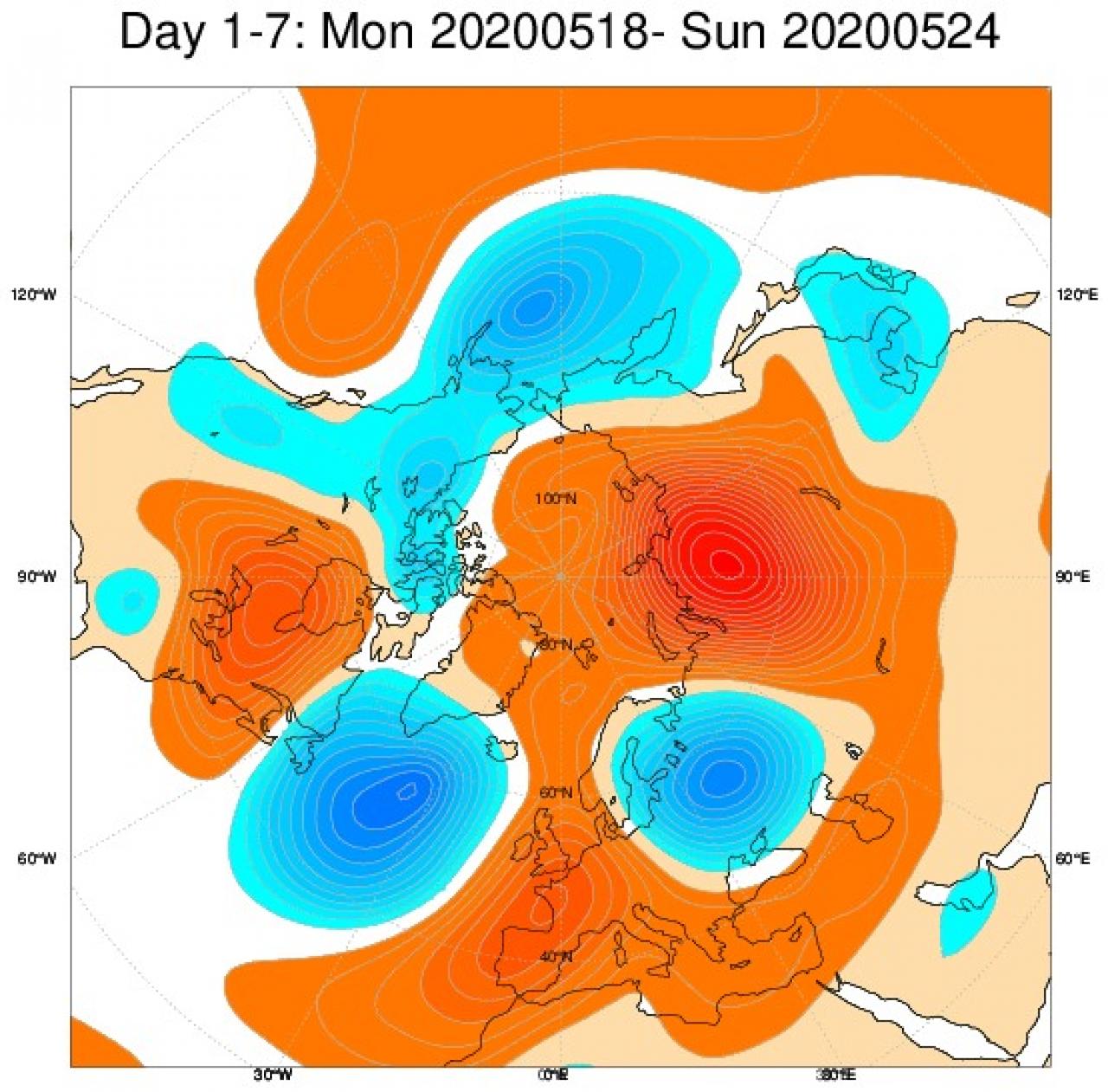 Le anomalie di geopotenziale a 500hPa secondo il modello Ecmwf per il periodo 18-24 maggio