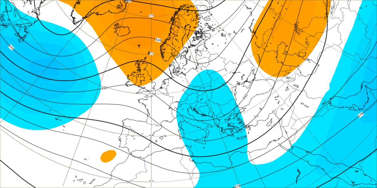 Le anomalie di geopotenziale a 5500m circa (in blu negative, in rosso positive) secondo le elaborazioni del modello ECMWF per il periodo 20-27 marzo)