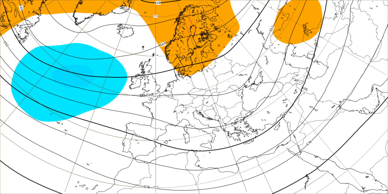 Le anomalie di geopotenziale a 5500m circa (in blu negative, in rosso positive) secondo le elaborazioni del modello ECMWF per il periodo 3-10 aprile)