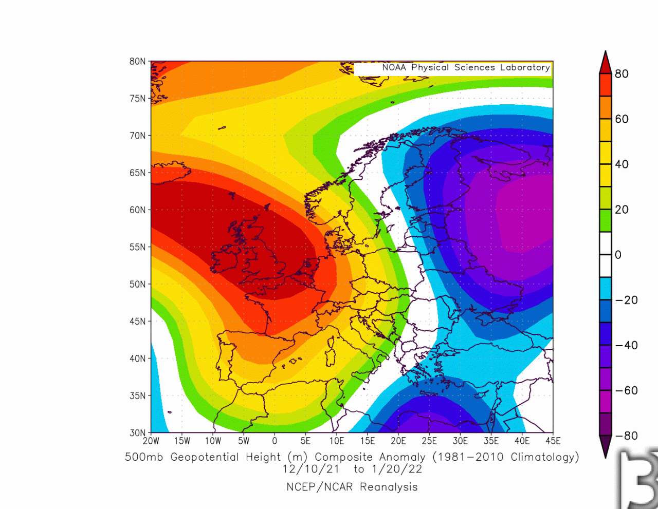 Le anomalie di geopotenziale alla quota di circa 5500m dal 1 dicembre scorso al 20 gennaio. Le aree in rosso evidenziano l'anomala persistenza dell'alta pressione. Dati rianalisi NCEP-NCAR
