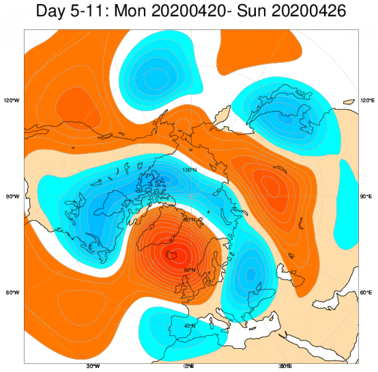 Le anomalie di geopotenziale attese nel periodo 20-26 aprile secondo il modello ECMWF