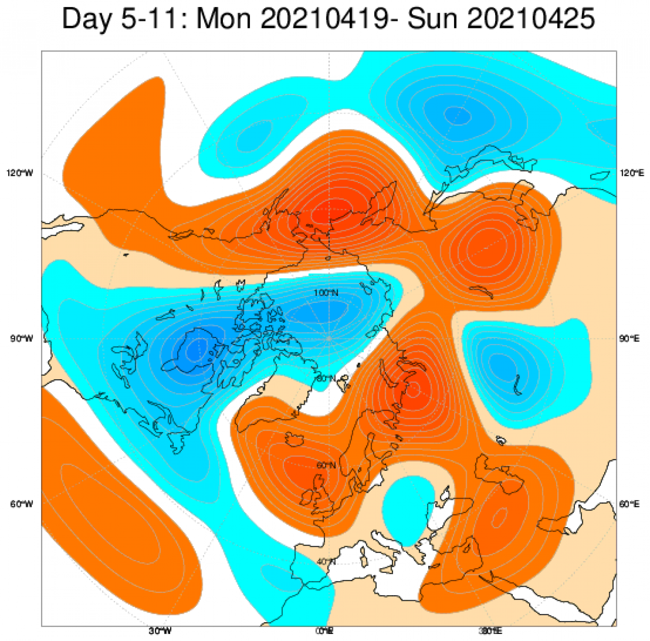 Le anomalie di geopotenziale (in blu sottomedia, in rosso sopramedia), secondo il modello ECMWF per il periodo 19-25 aprile