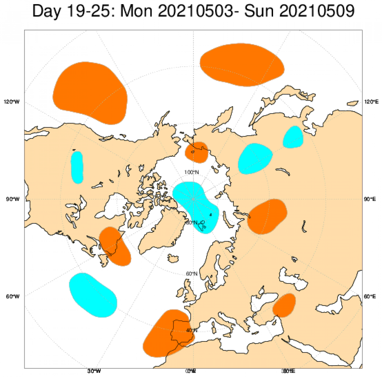  Le anomalie di geopotenziale (in blu sottomedia, in rosso sopramedia), secondo il modello ECMWF per il periodo 3-9 maggio